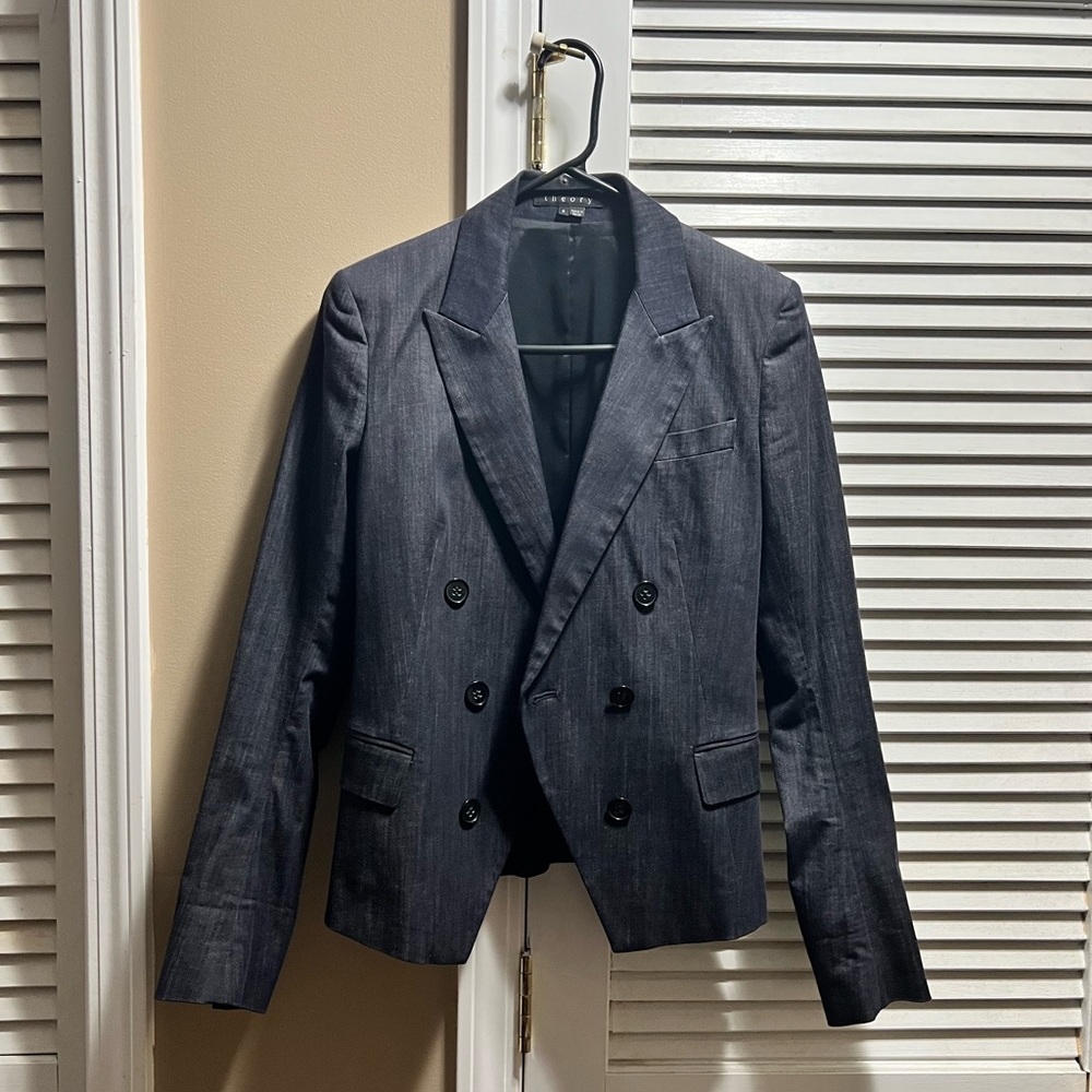 Theory Dark Blue Denim Button Up Blazer (4)